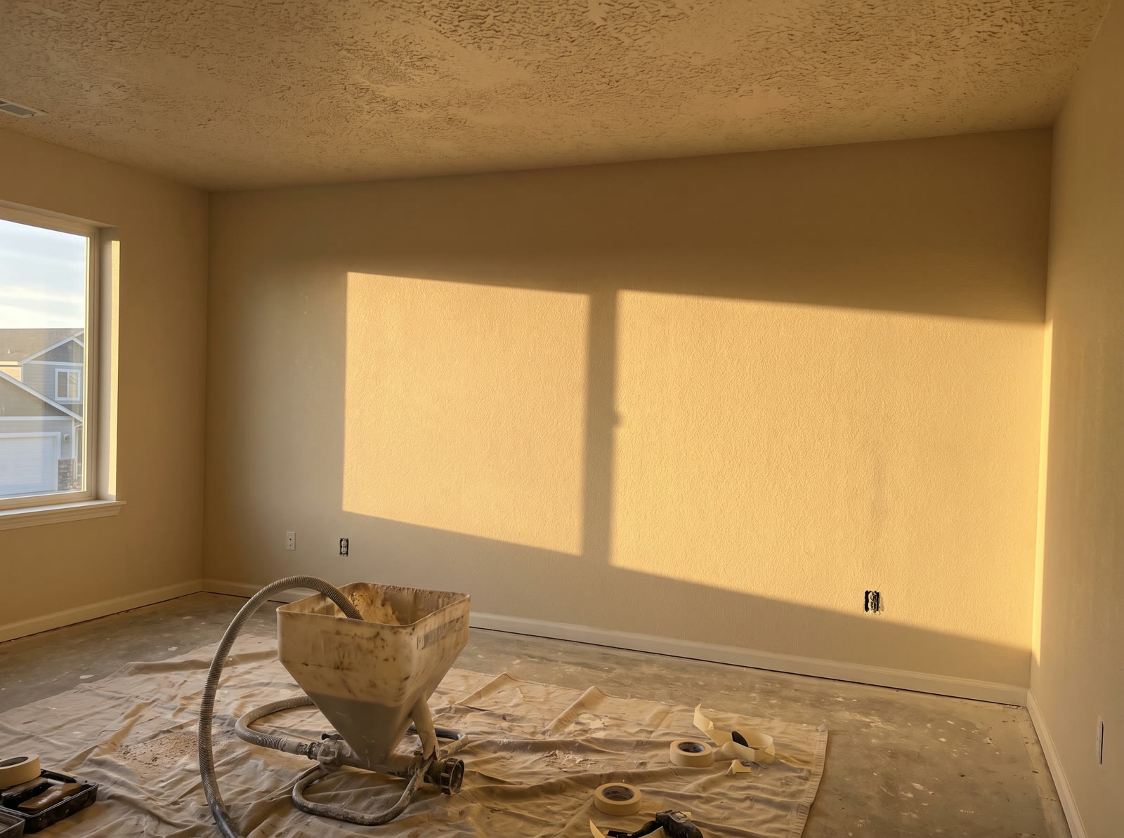 A freshly textured wall and ceiling